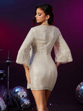 Double Crazy Fashionable Party Sequins Flare Sleeve Wrap Tie Waist Dress